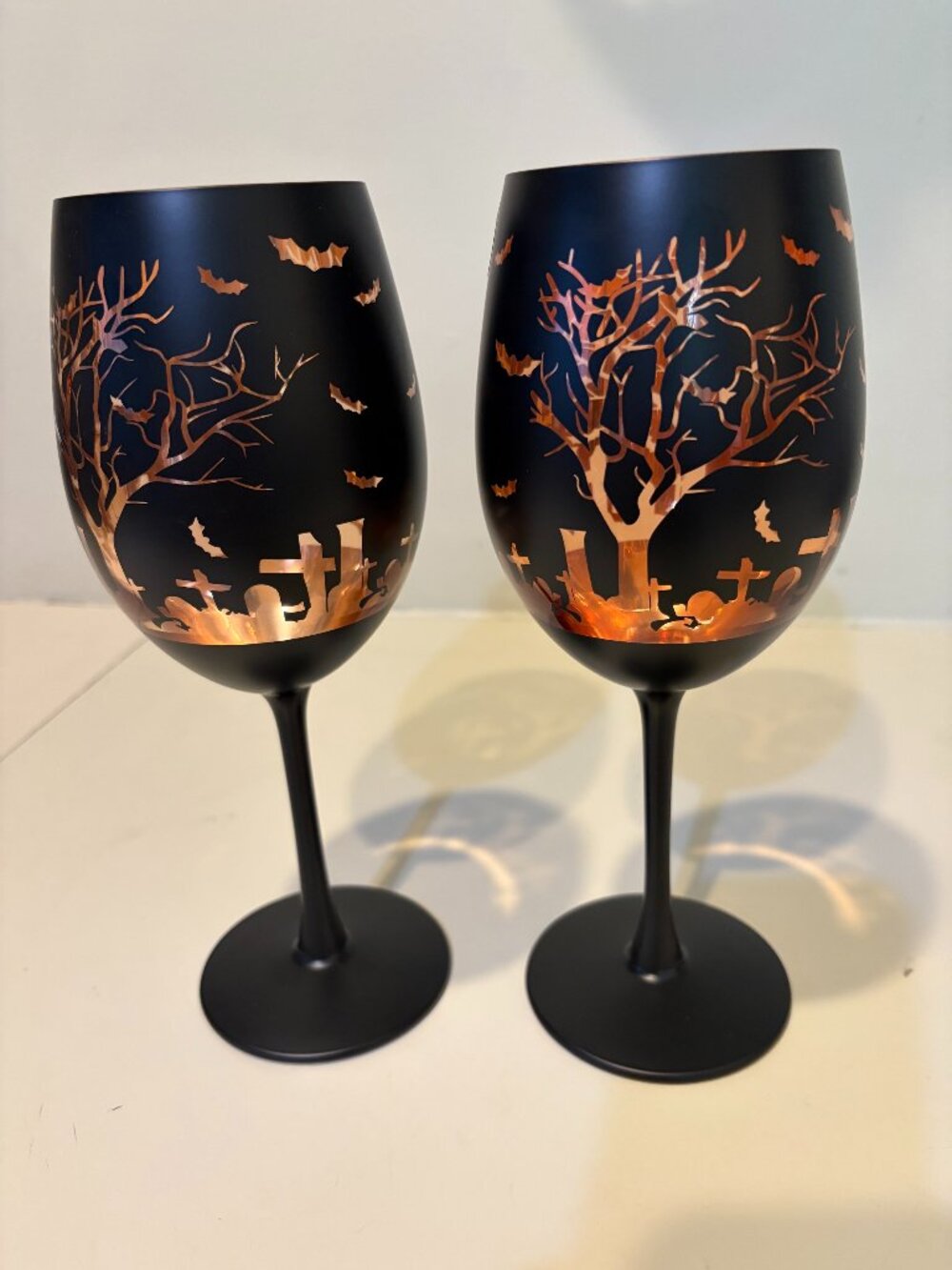 SET/2 DRNKART BLACK & ORANGE SEE-THRU HALLOWEEN WINE GLASSES 9 1/2" Tall New